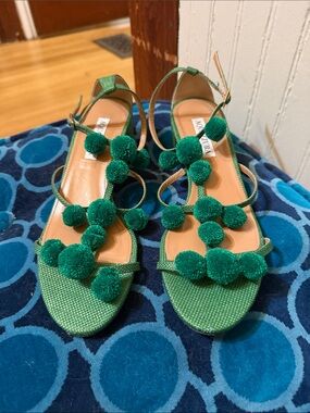 Aquazzura Emerald Green Pom-Pom Strappy Sandals